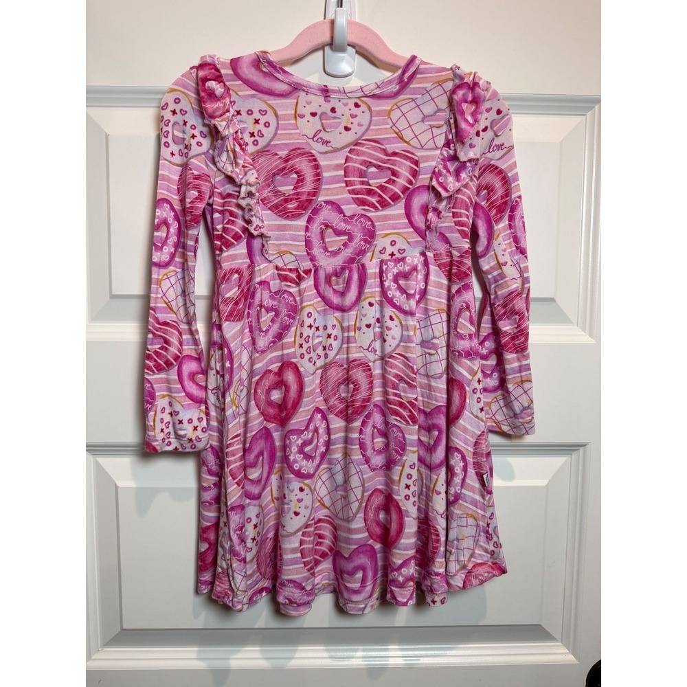 Birdie Bean Pink Heart Donut Stripe Bamboo Ruffle Twirl Dress 4T Valentines Day
